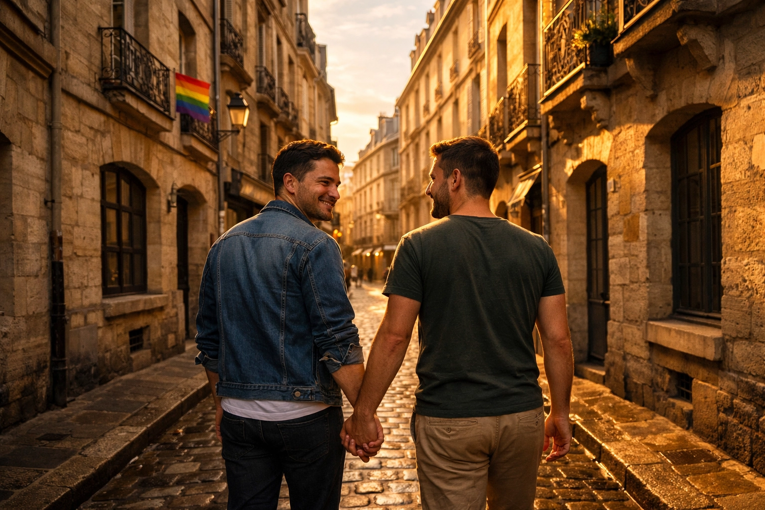 Gay couple walking hand-in-hand through historic Le Marais cobblestone streets in Paris