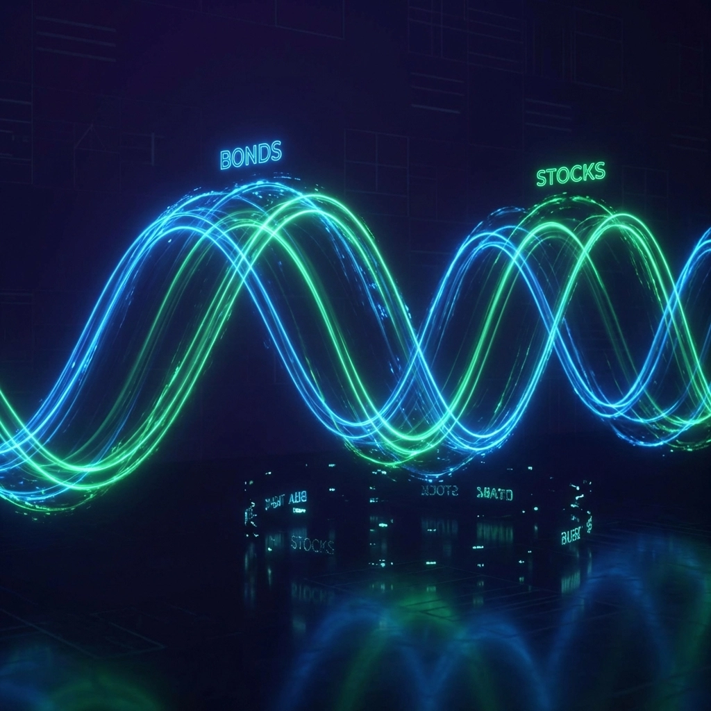 Illustration showing stocks and bonds moving together, highlighting reduced diversification in modern 60/40 portfolios.