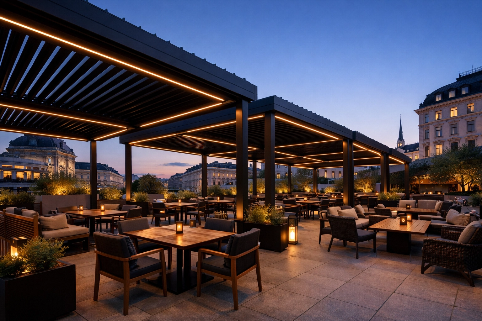 Modernes Lamellendach in Wien für Gastronomie und Schanigärten mit integrierter LED-Beleuchtung.