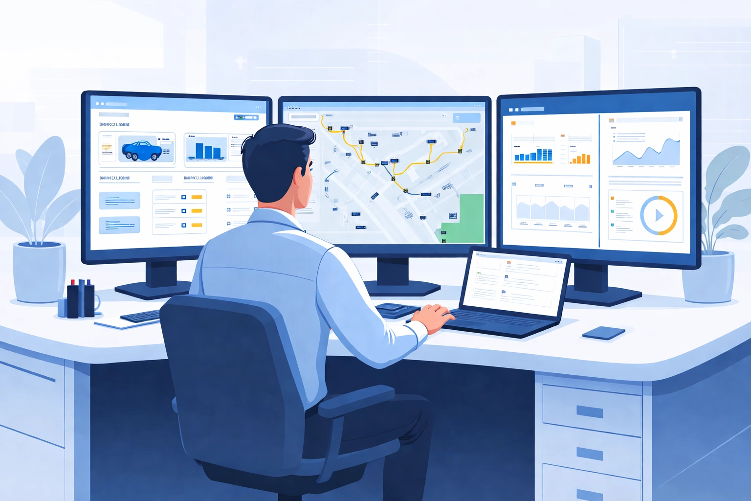 Fleet manager analyzing safety analytics and vehicle data at a modern fleet control center