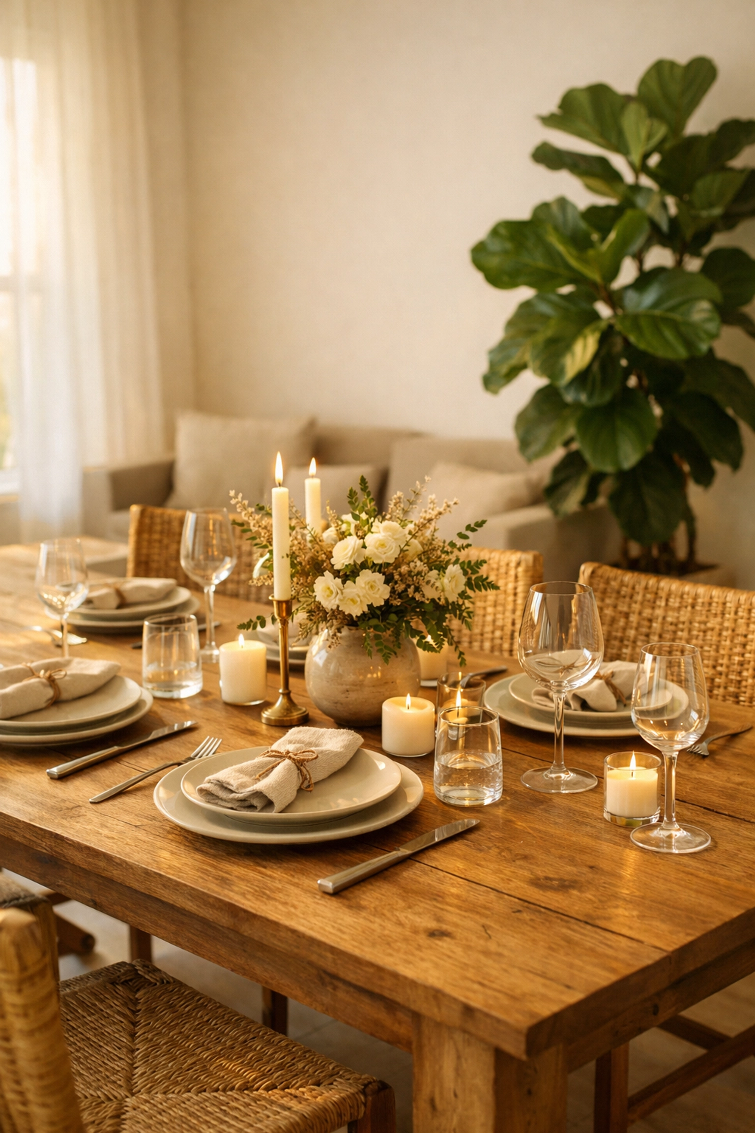 Extended wooden dining table elegantly set for guests in a bright, modern dining room.