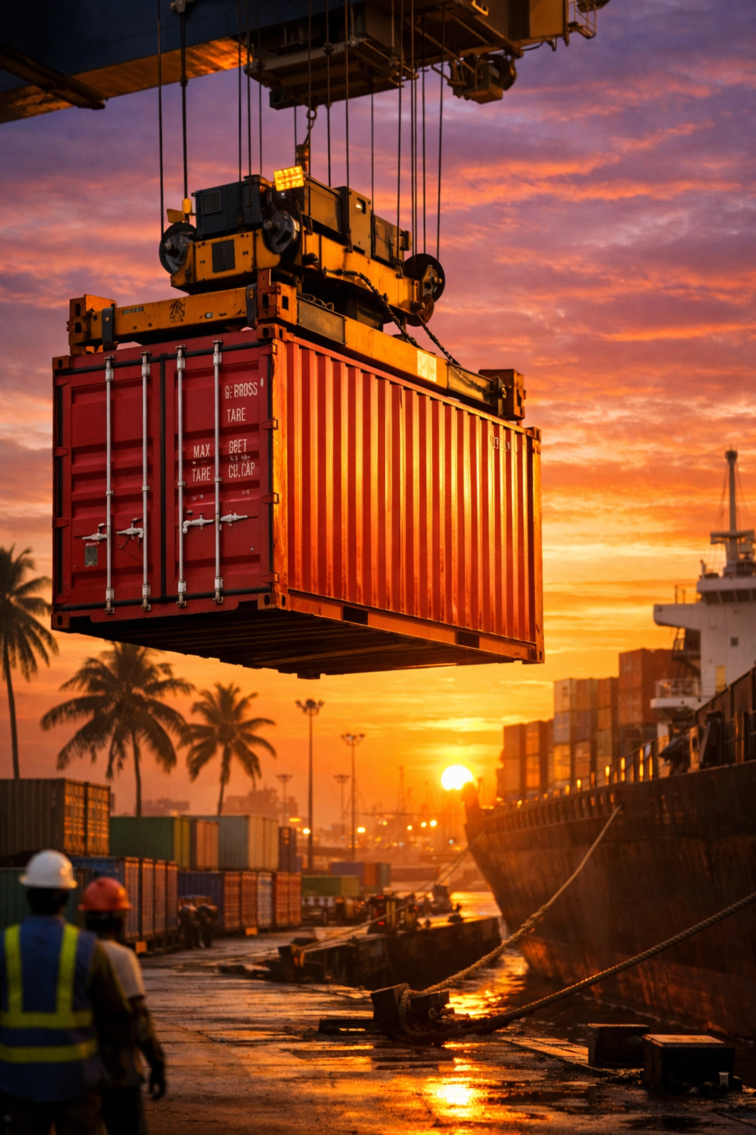 Shipping container operations at West African port with crane equipment at sunrise