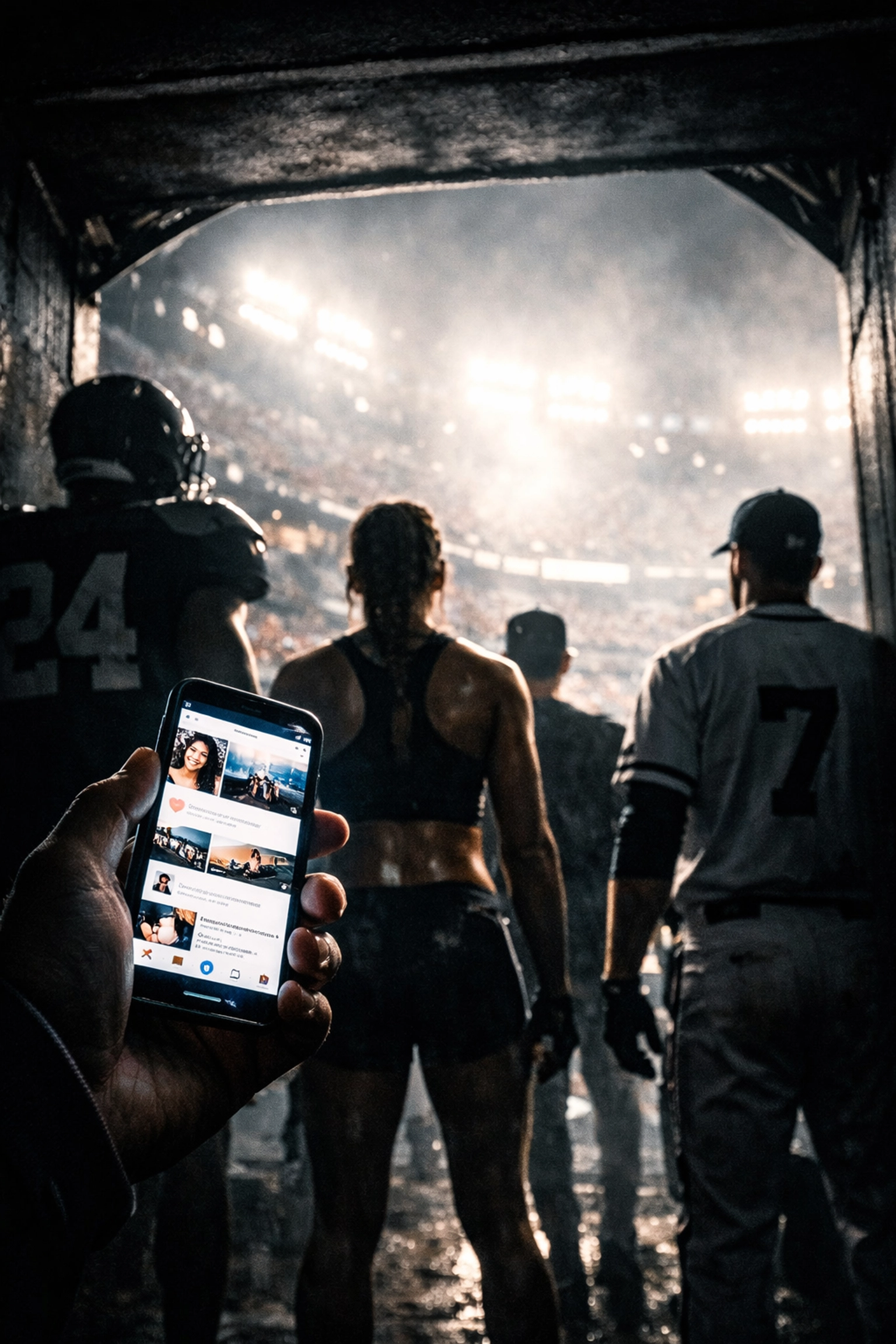 Student-athlete holding a smartphone in a Super Bowl stadium tunnel, representing the power of NIL digital voices.