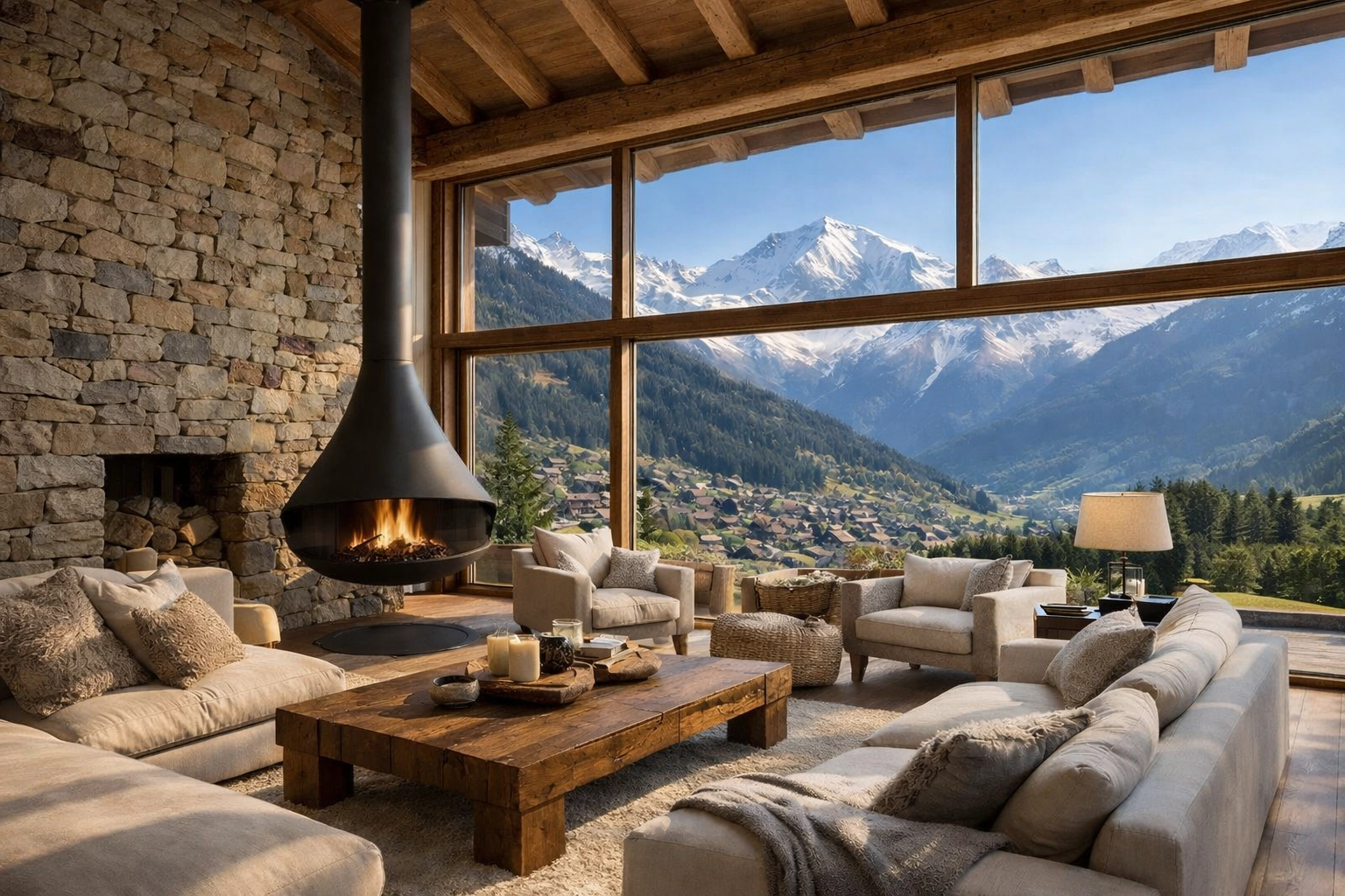 Luxury living room with panoramic view of the Swiss Alps and modern design in Verbier.