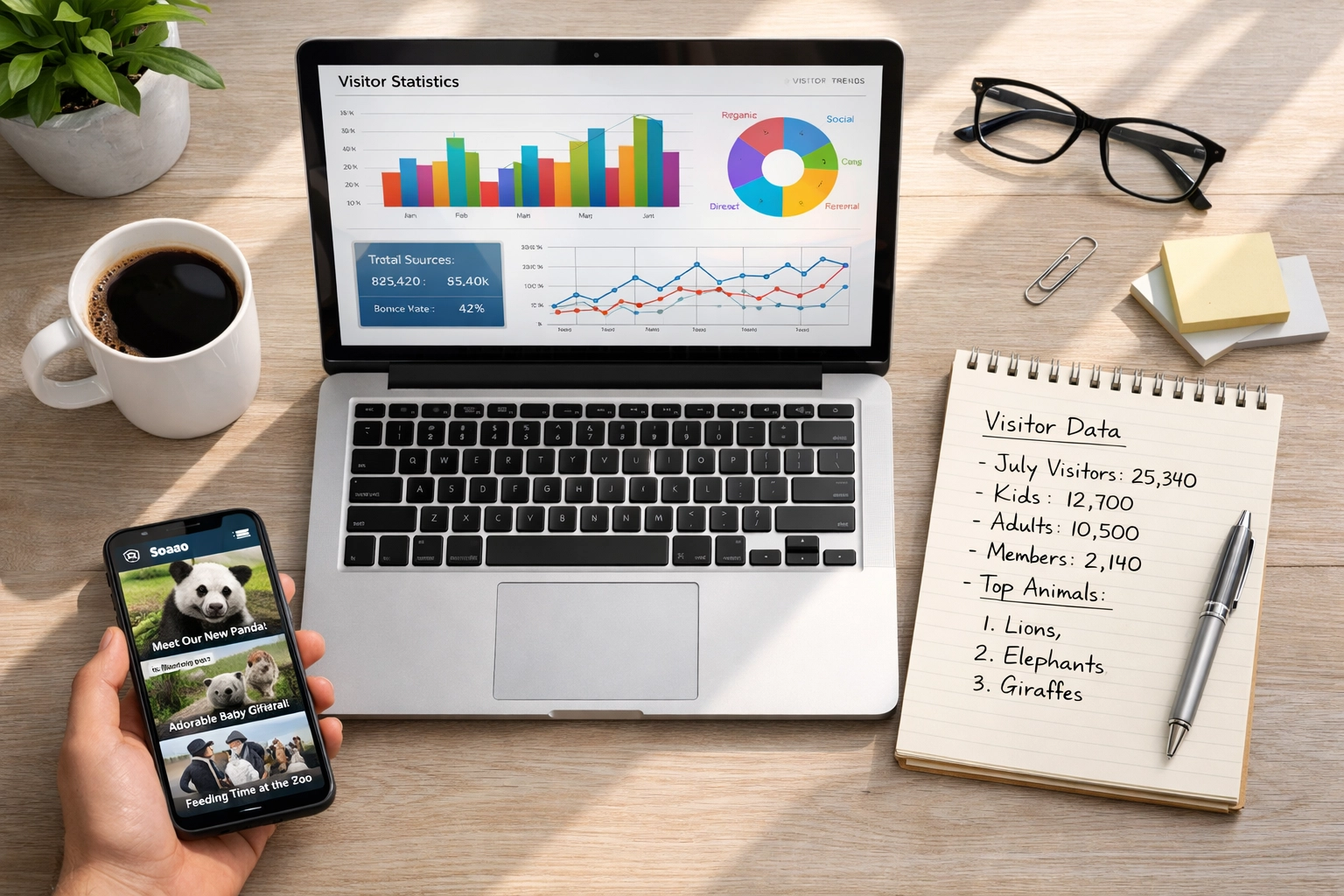 Marketing analytics dashboard showing zoo visitor data and social media metrics