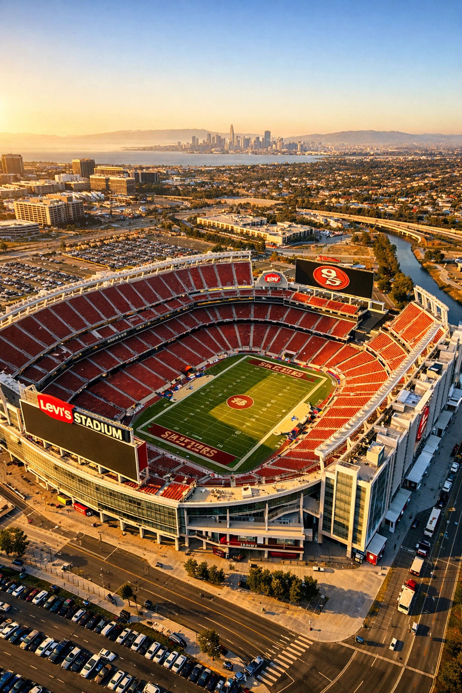 Aerial view of Levi's Stadium in Santa Clara, host venue for Super Bowl 2026 in the Bay Area