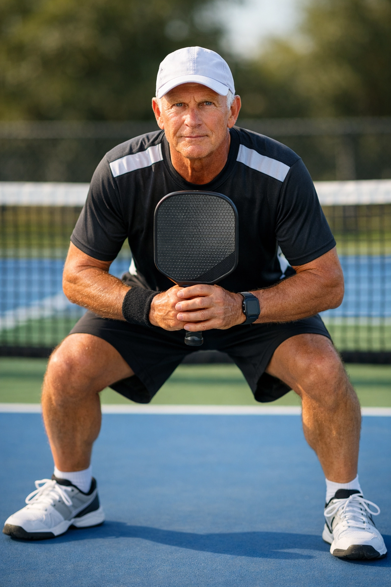 Active senior athlete demonstrating the correct pickleball ready position for injury prevention.