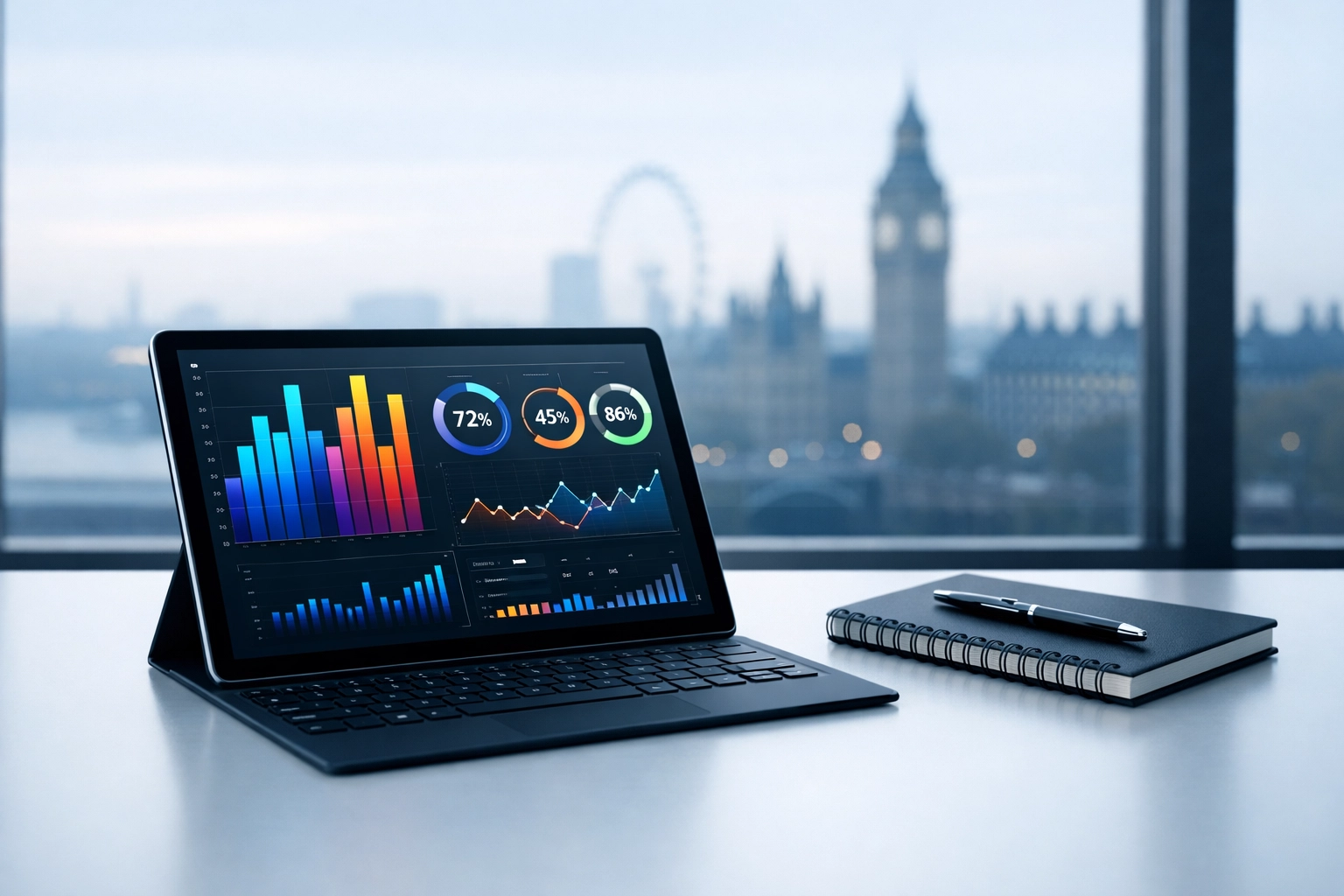 Sales KPI data visualization on a tablet in a modern UK office, representing baseline performance tracking.