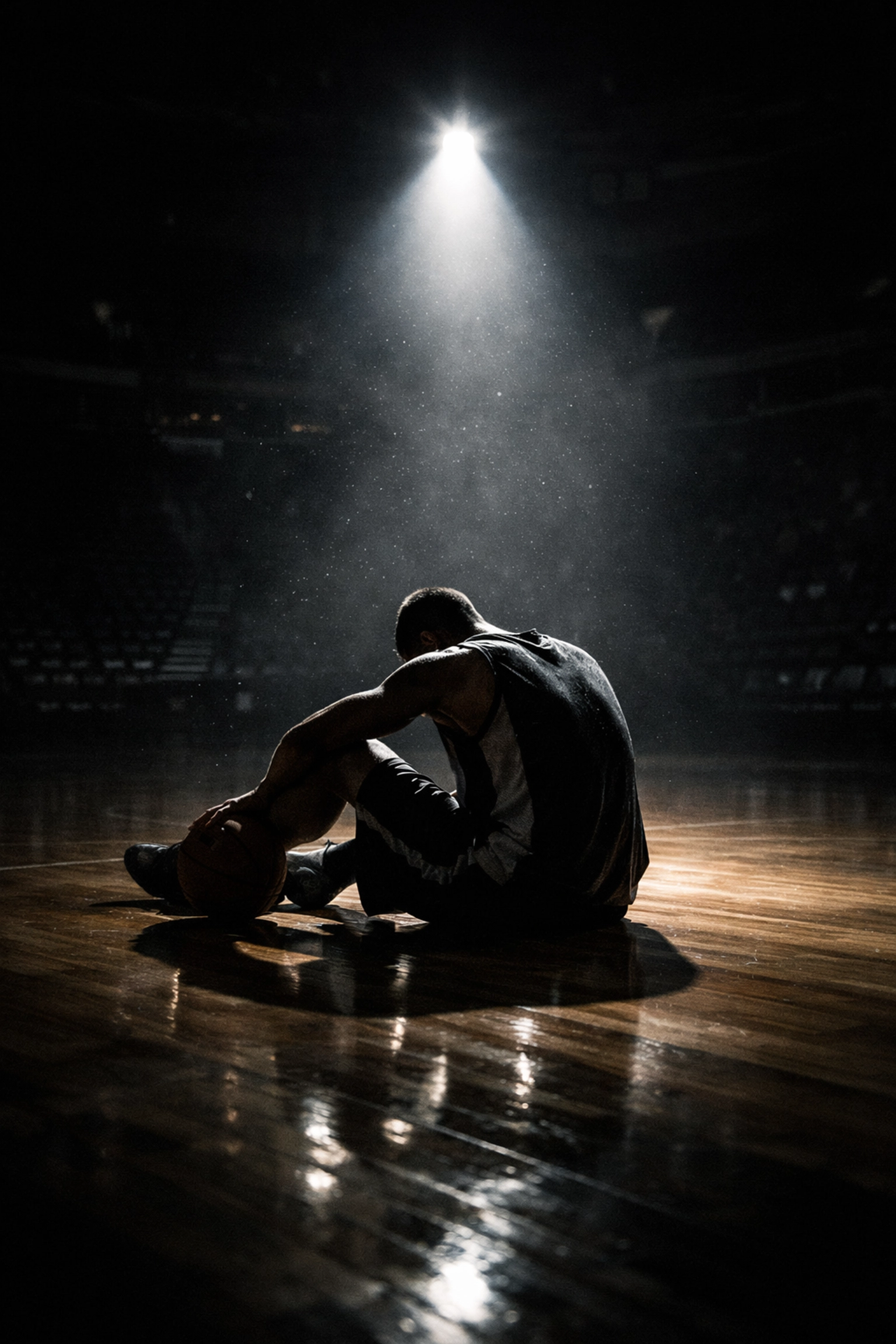 Tired basketball player under a spotlight representing NBA schedule fatigue and team roster notes.