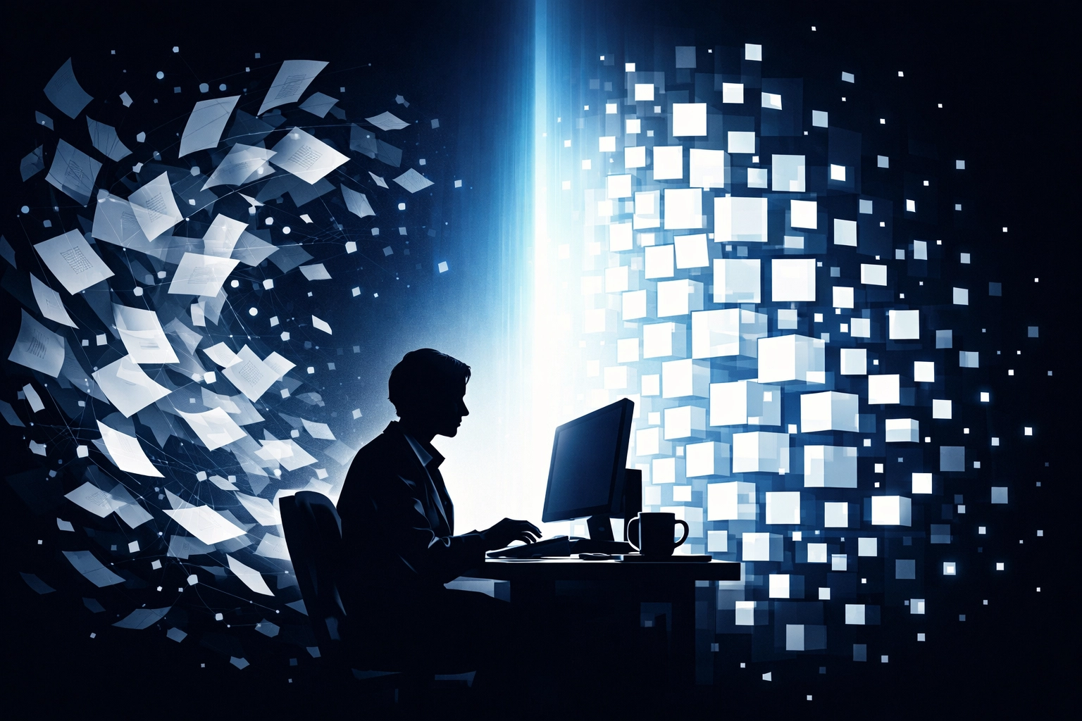 Professional transitioning from chaotic manual paperwork to organized automated digital workflows.