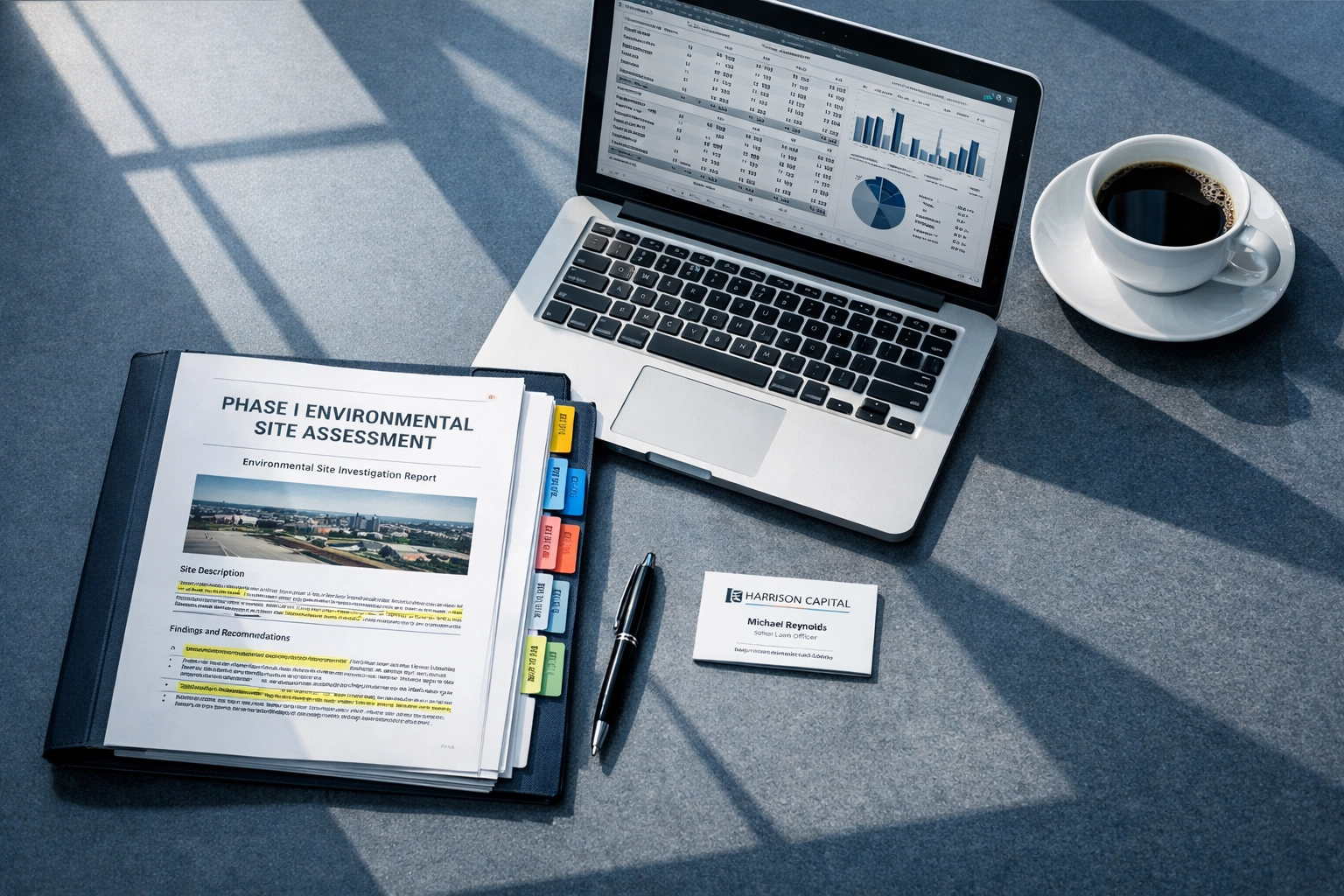 Organized Phase I ESA report with financial documents ready for lender review