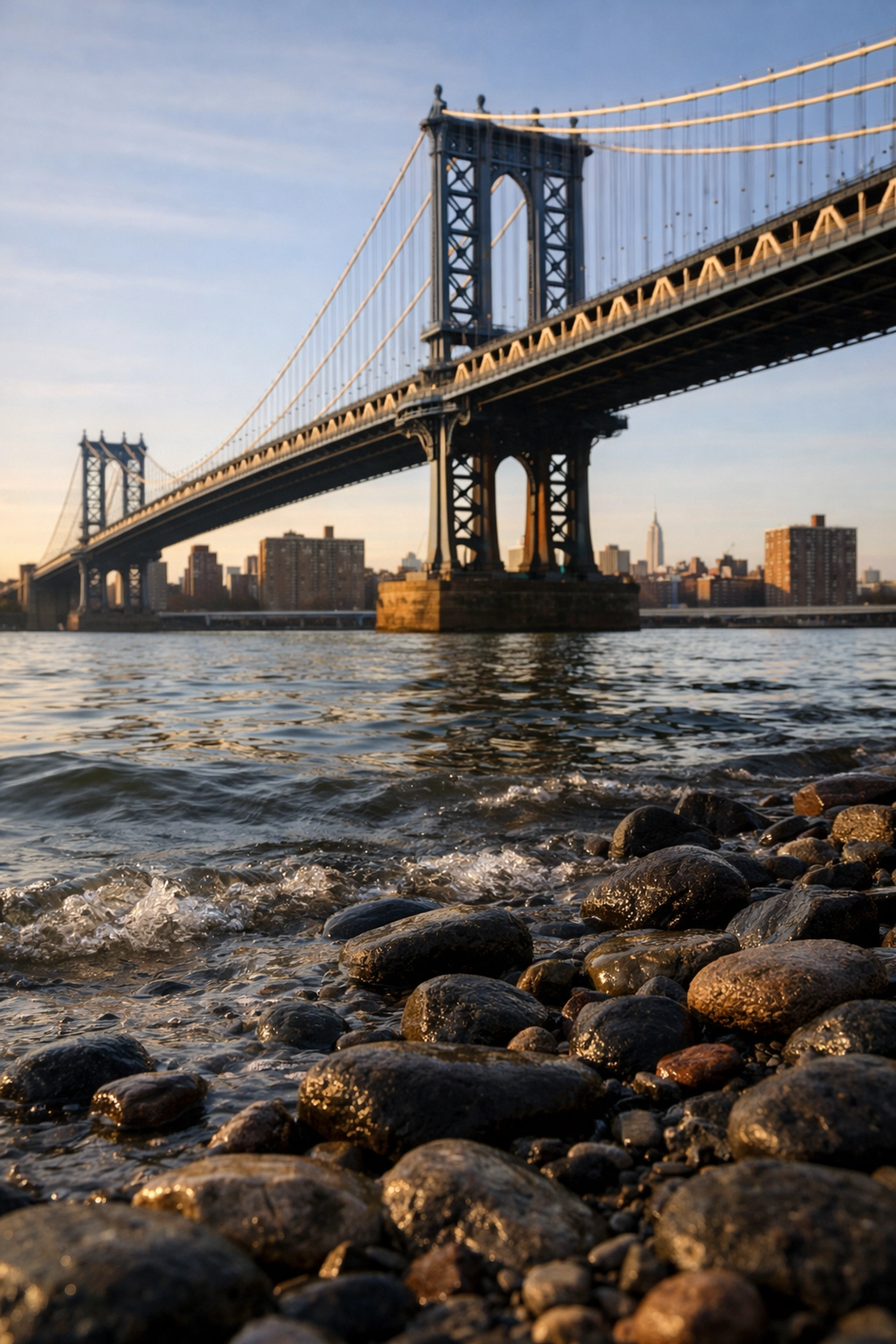 Low-angle view of the Manhattan Bridge from Pebble Beach in DUMBO at sunrise with river reflections.
