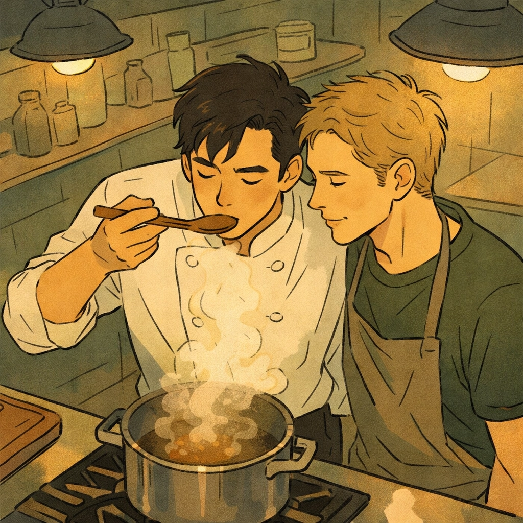 Two male chefs sharing vulnerable moment tasting food together in professional kitchen