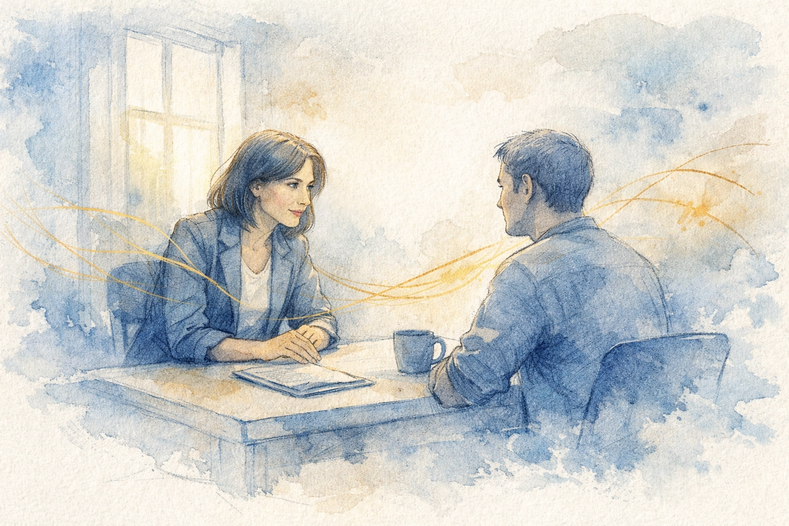 Empathetic leader listening attentively to team member in office meeting