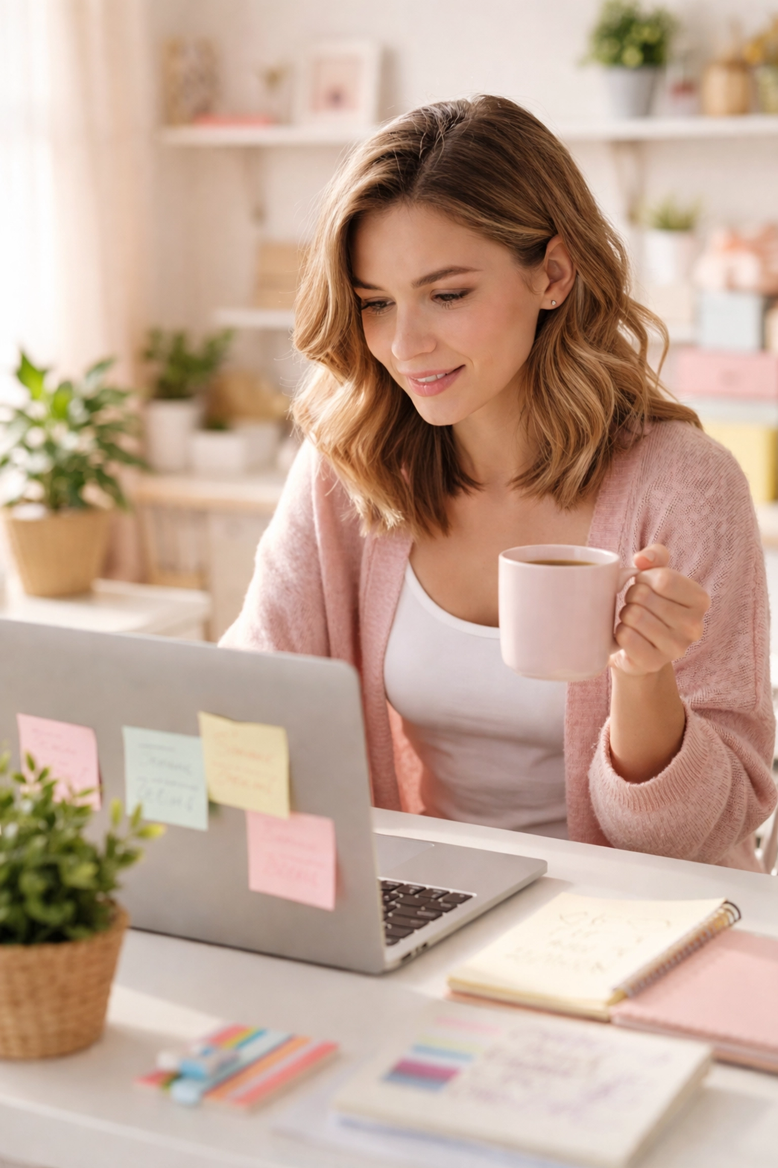 Small business owner edits AI-generated social media content in a cozy, pink-accented workspace.