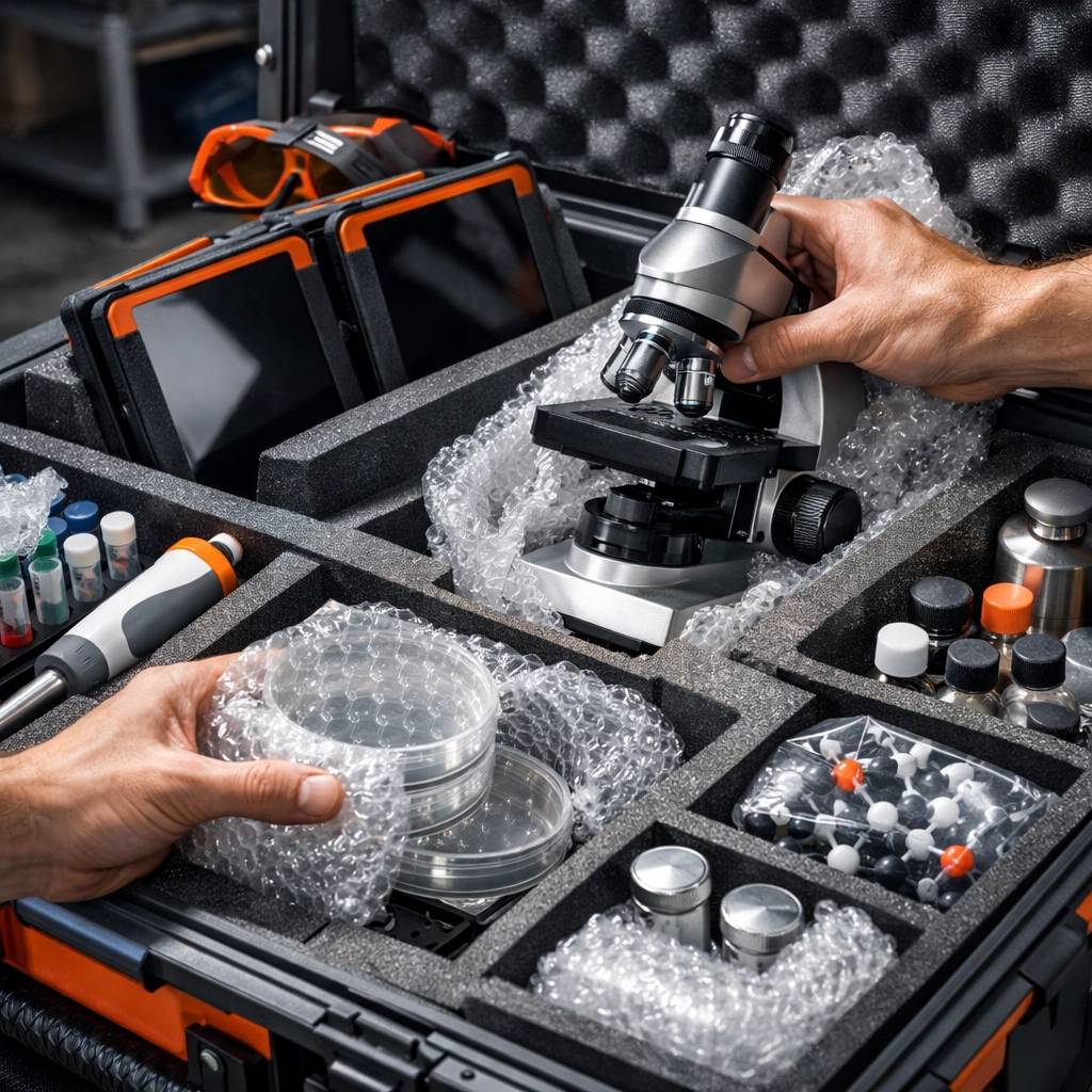 Careful packing of school supplies and lab equipment in protective materials for international shipping