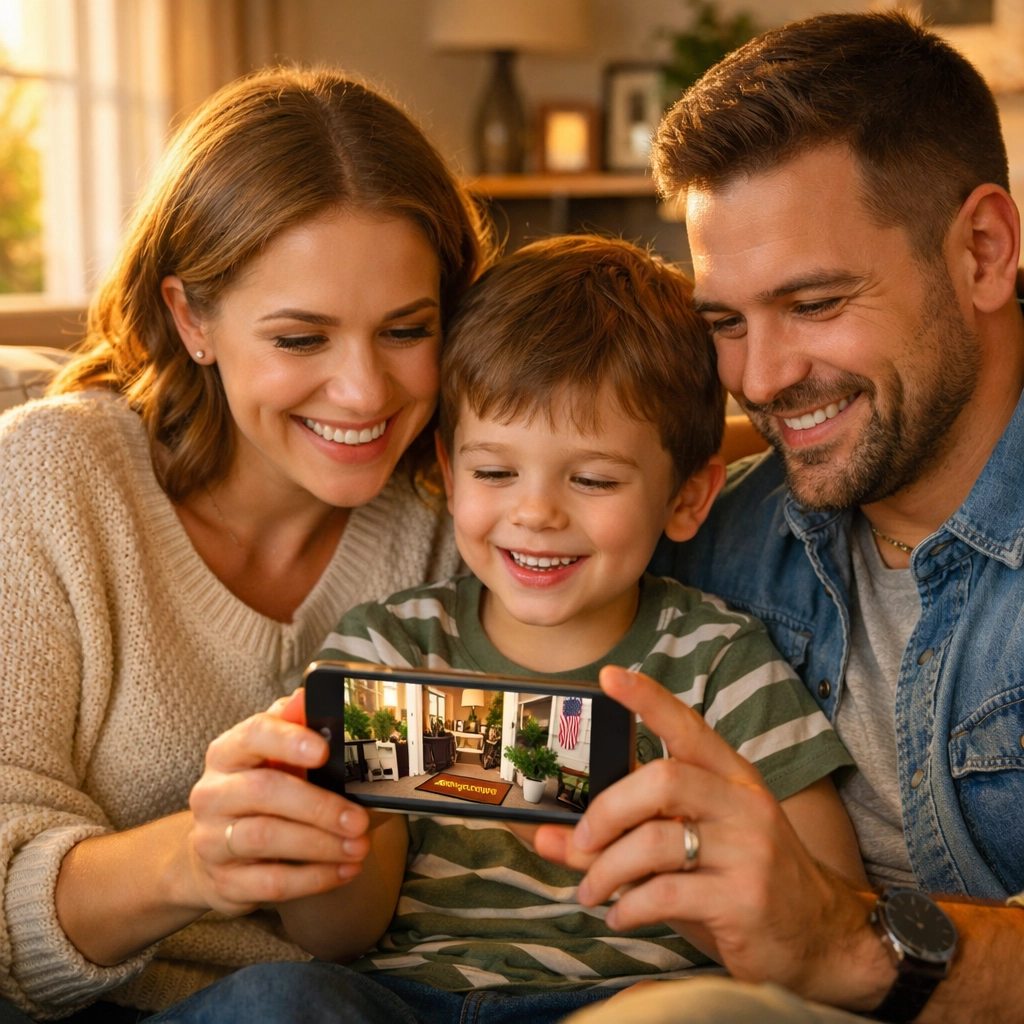 Swansea family viewing a live home security camera feed on their smartphone in a cozy living room.