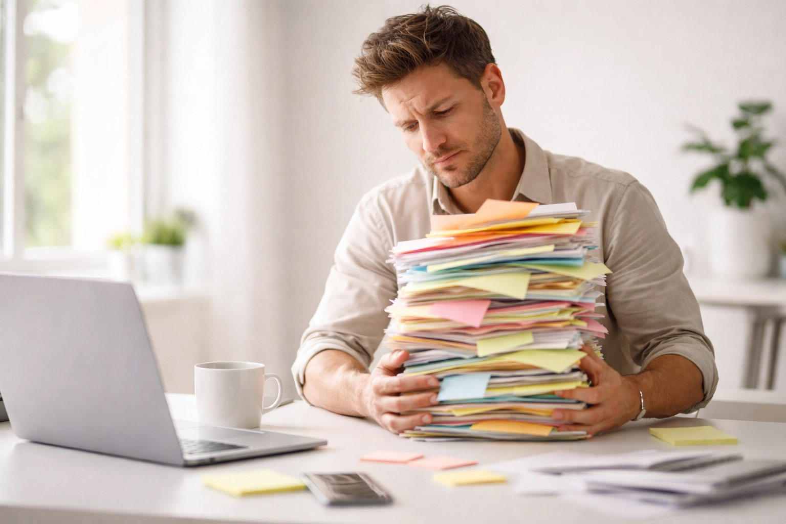 Overwhelmed solopreneur at a computer desk holding a massive stack of sticky notes, representing trying to do everything at once