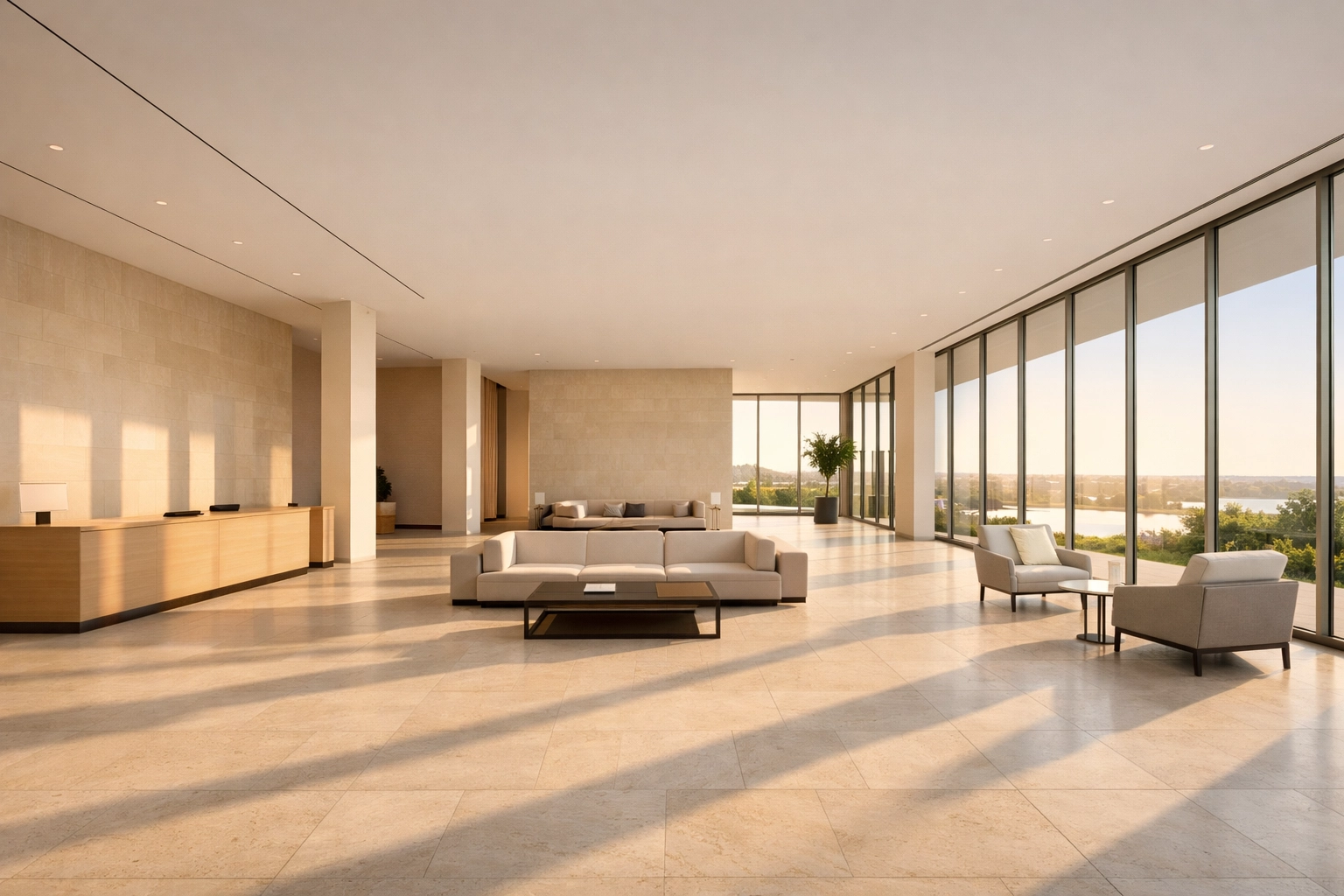 A calm, modern hotel lobby with minimalist design illustrating an efficient and integrated hotel operation.