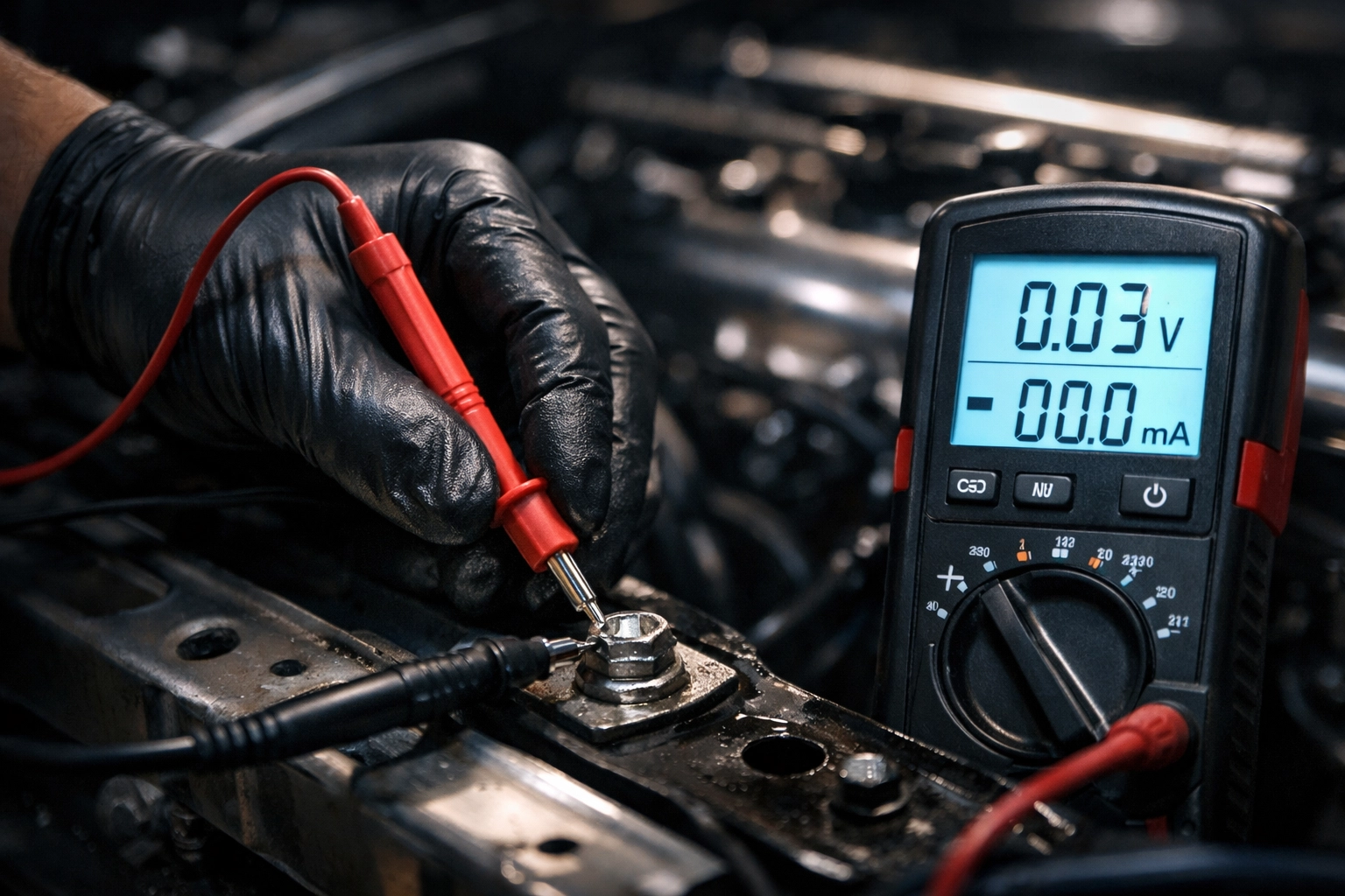 Houston mechanic using a digital multimeter to test electrical ground connections in a car engine bay.