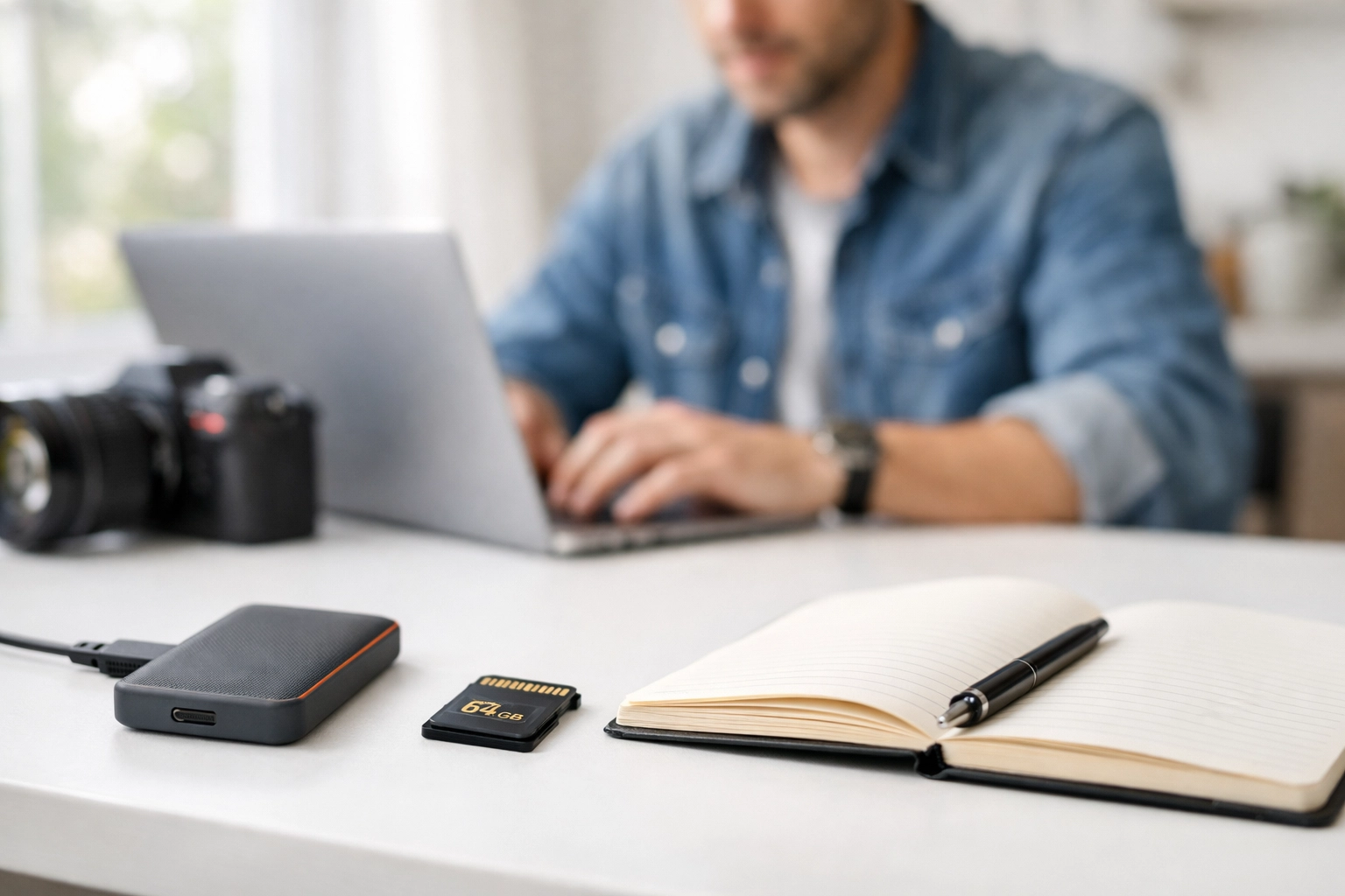 Managing photography workflow with an external SSD and laptop in a bright professional studio.