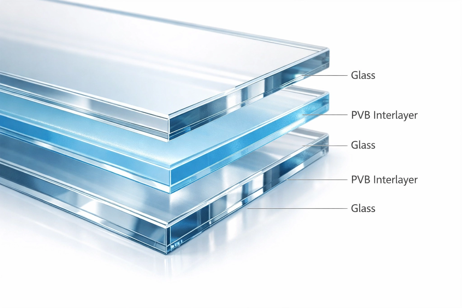 Laminated acoustic glass cross-section showing multiple layers for soundproofing