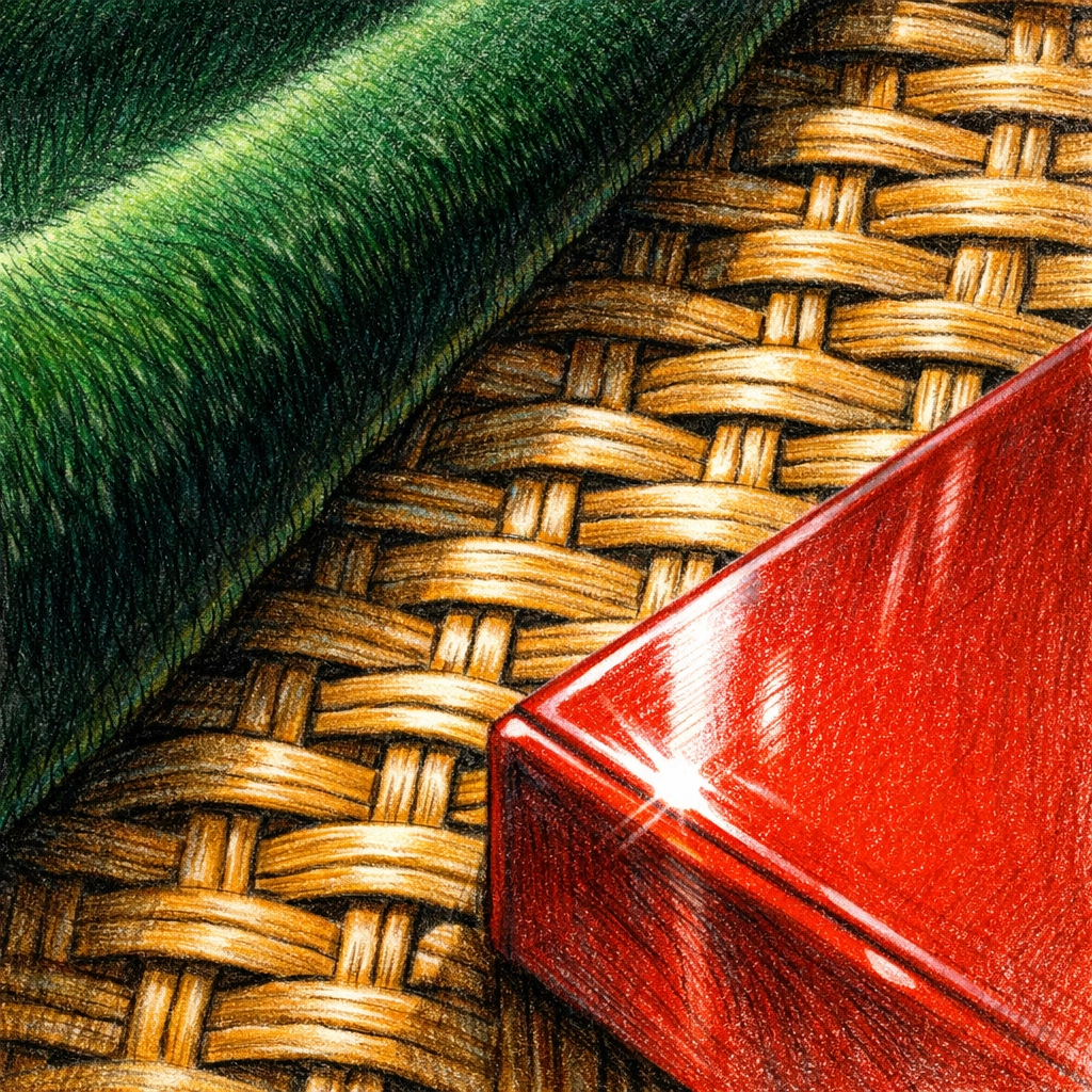 Detailed textures of green velvet and rattan, emphasizing tactile luxury hospitality design.