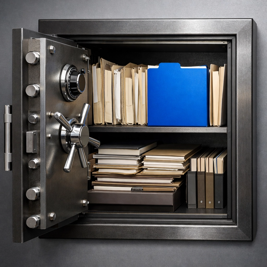 Secure safe containing organized estate planning legal documents