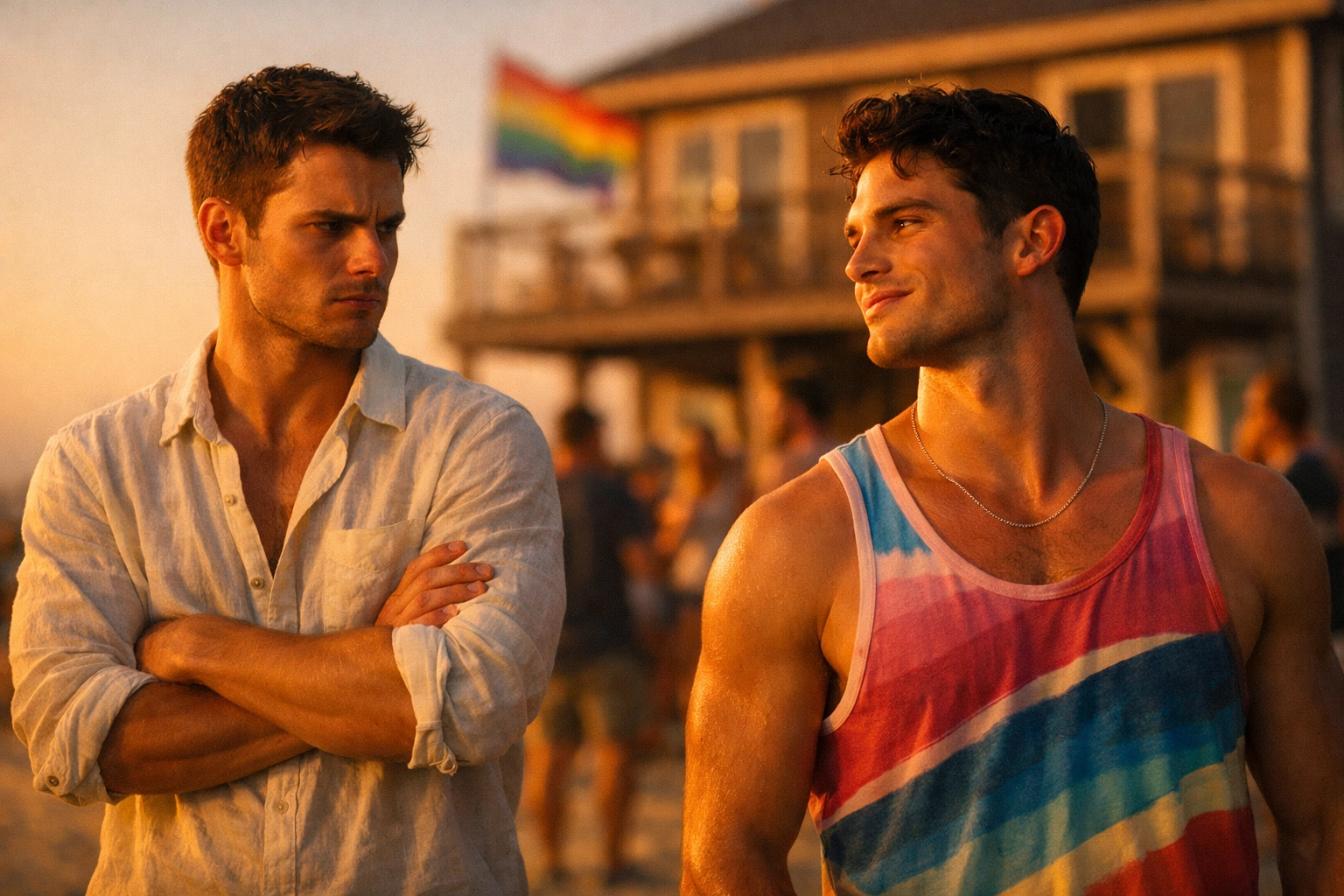 Noah and Will's tense first meeting at Fire Island beach party in MM romance enemies to lovers story