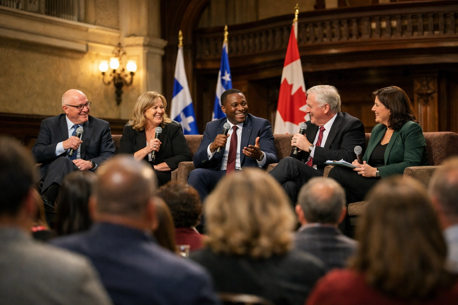 Public panel discussion with legal experts at a Montreal community event inside a historic hall.