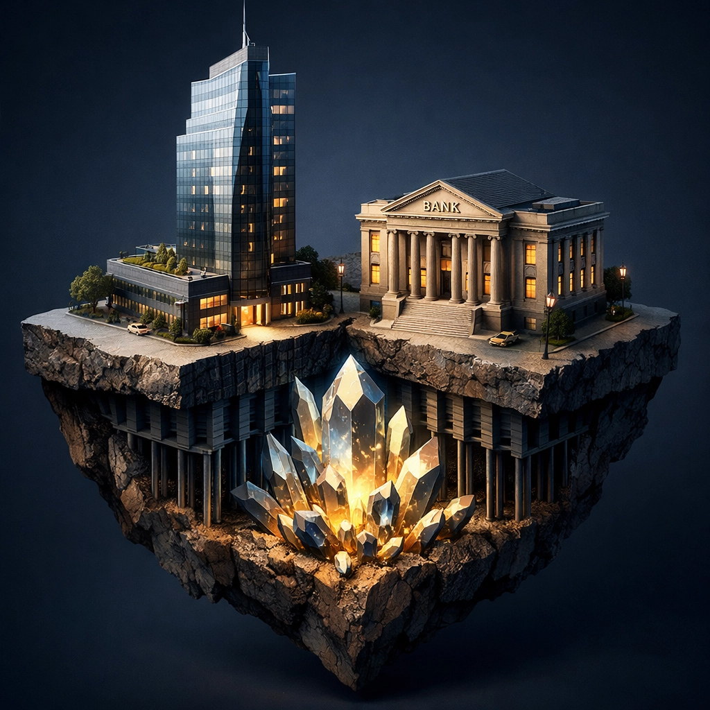 Skyscraper and bank buildings sharing the same bedrock, showing how different assets share economic drivers.