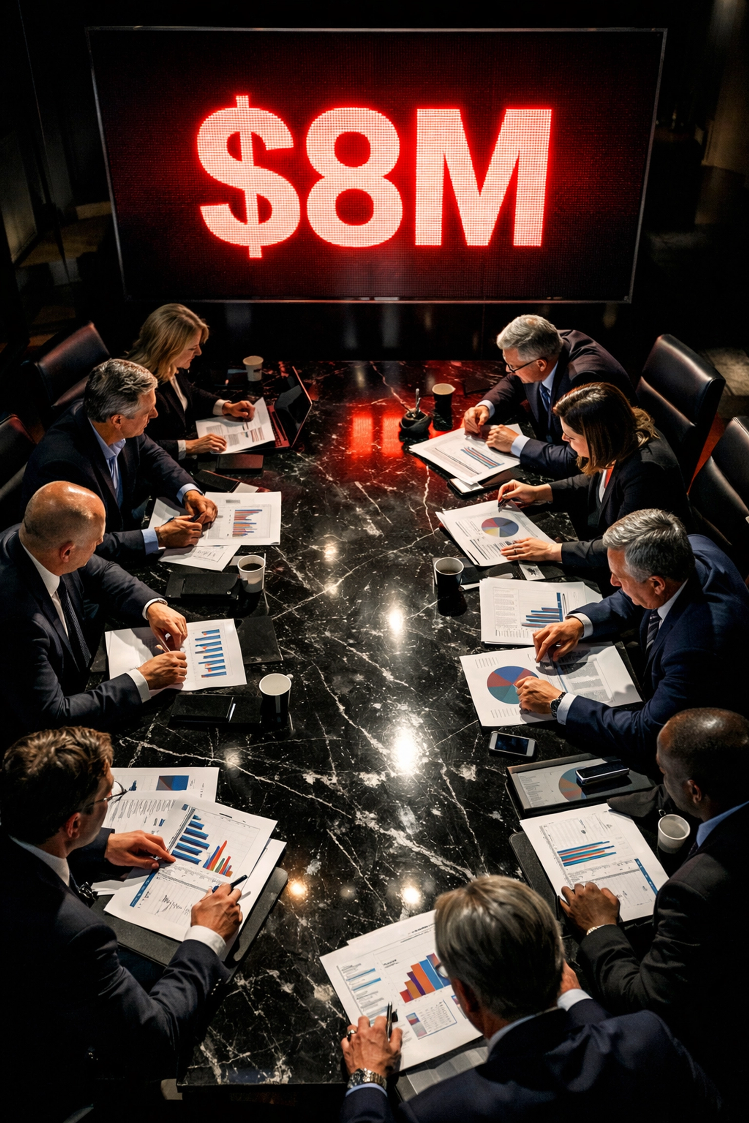 CMOs analyzing Super Bowl marketing ROI and advertising investment during executive meeting