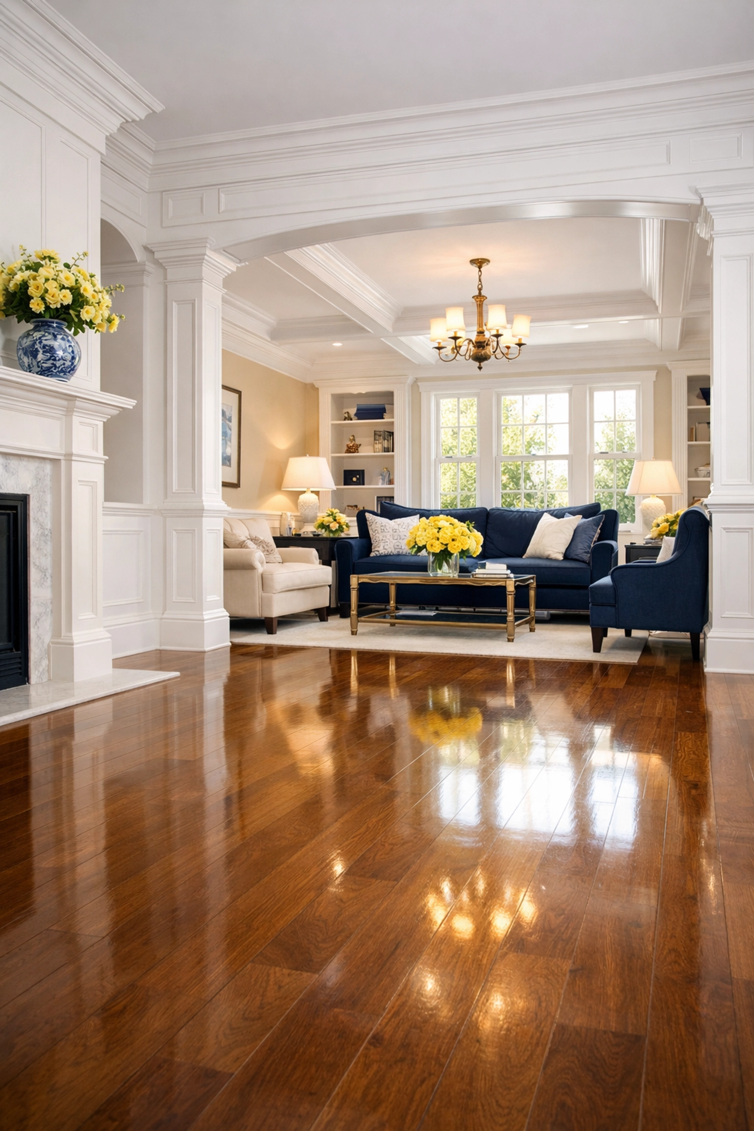 A pristine, sun-drenched living room with polished hardwood floors after a professional deep cleaning in Franklin.