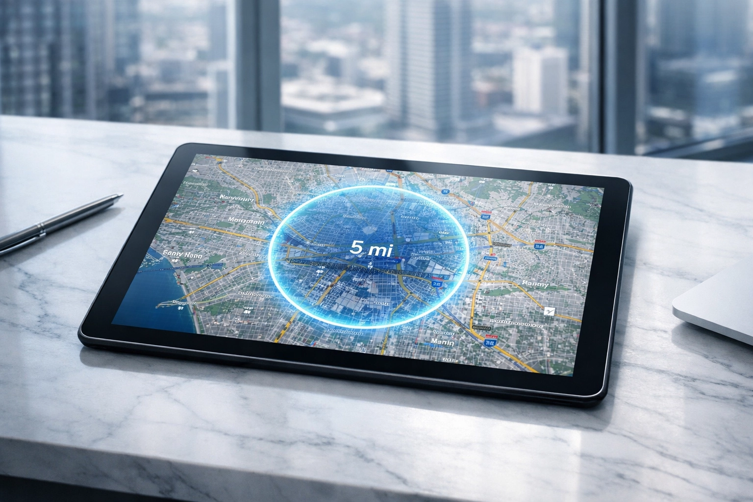 Digital map on a tablet showing hyper-local DOOH radius targeting in Los Angeles.