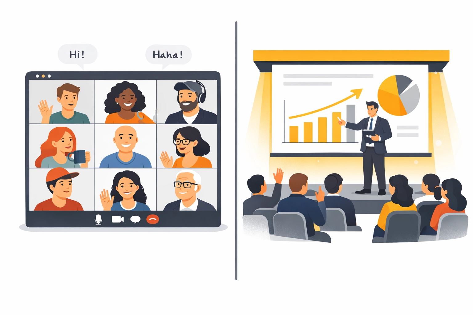 Comparison of casual Zoom meeting versus structured sales webinar presentation setup