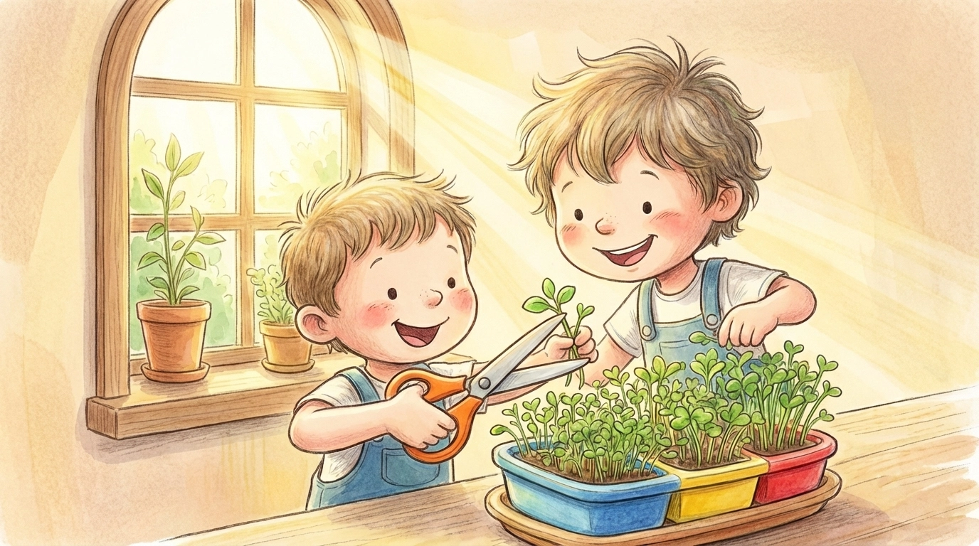 Whimsical illustration of a child happily harvesting homegrown microgreens from a tray on a sunny windowsill.
