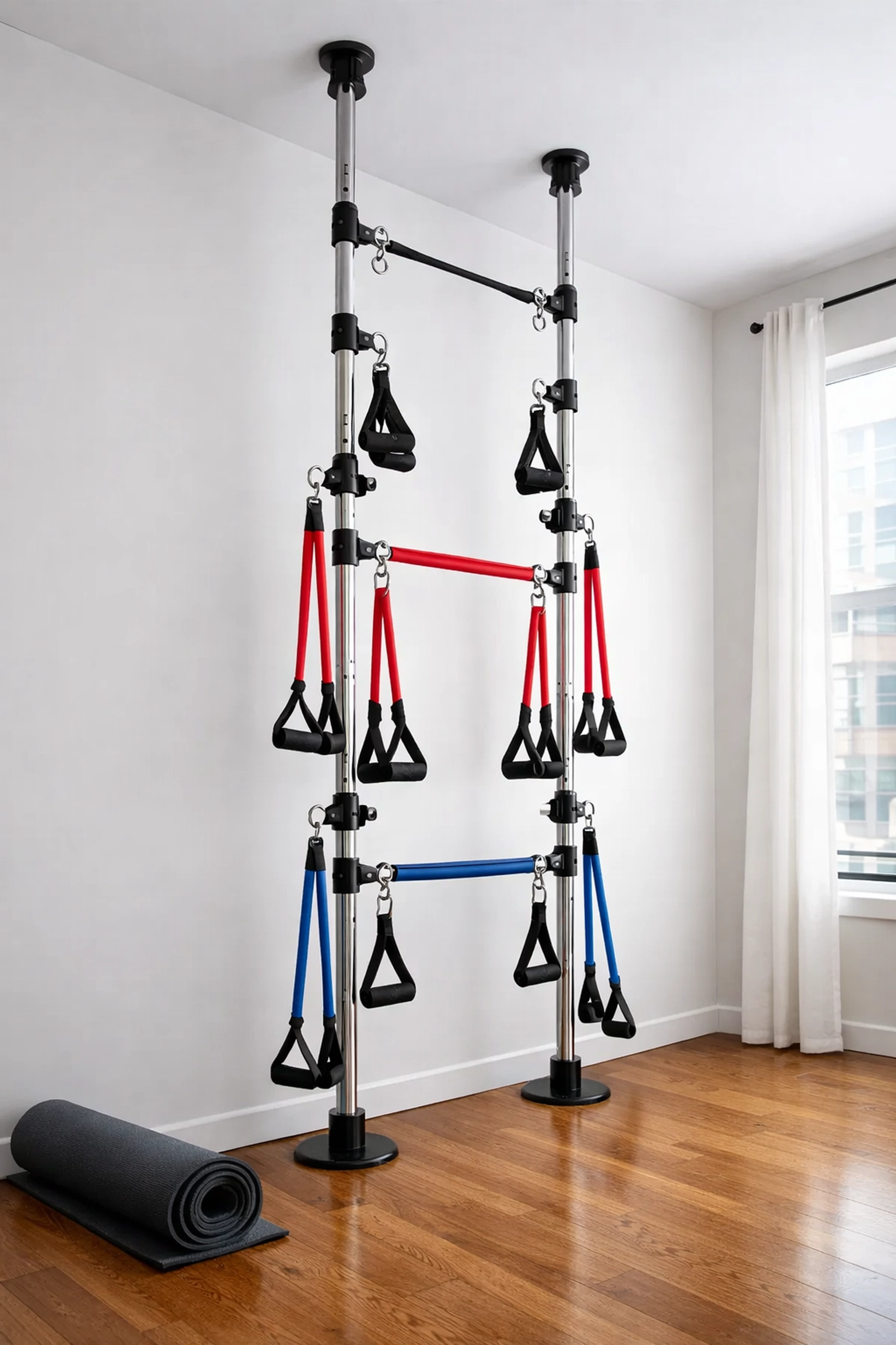 Floor-to-ceiling resistance training system in apartment with pristine walls