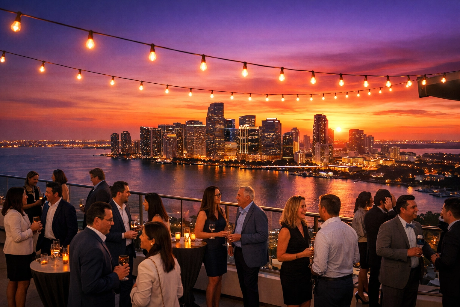 Miami event photographer captures a corporate cocktail reception on a rooftop terrace during magic hour.