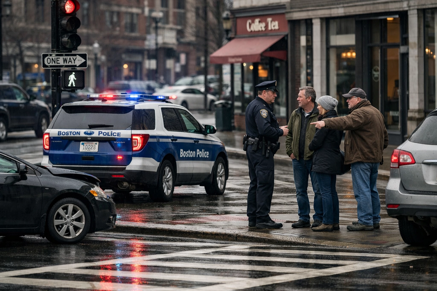 Boston police officer gathering evidence near a crosswalk after a pedestrian hit by car Boston accident.
