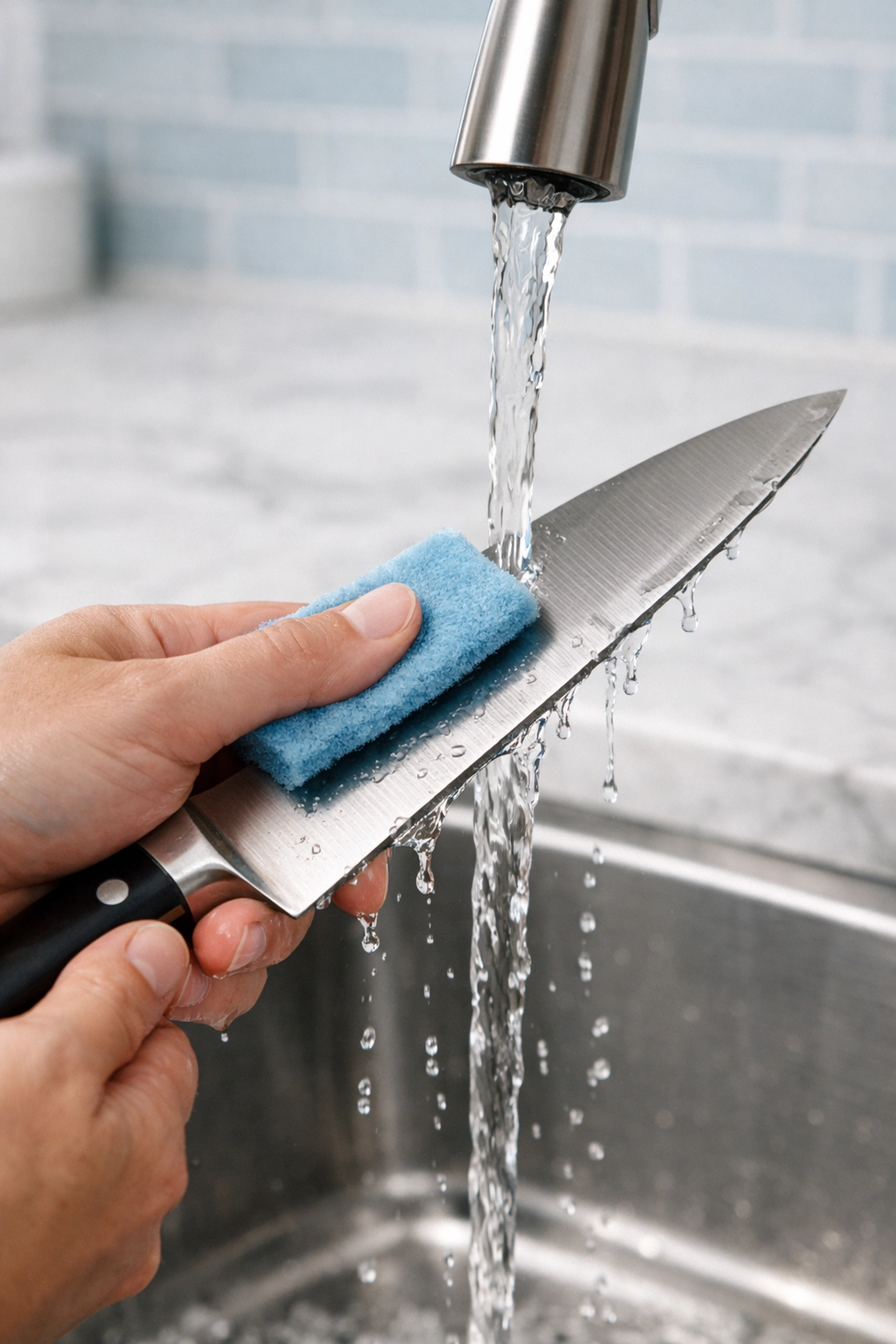 Safe hand-washing of a stainless steel kitchen knife with a sponge in a clean, modern kitchen sink.