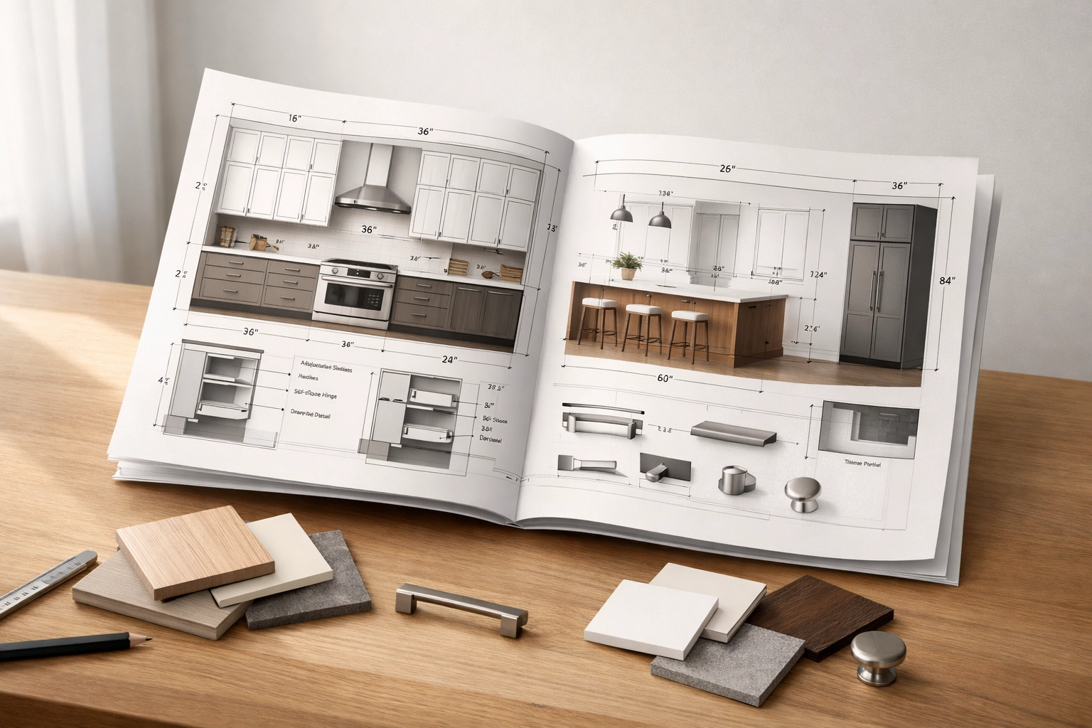 Custom kitchen cabinet design blueprints with measurements and wood material samples