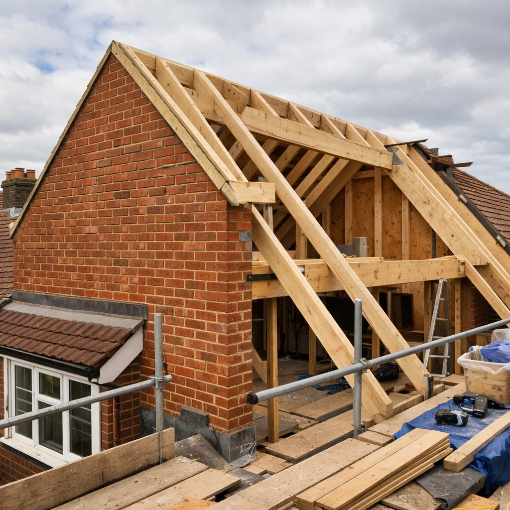 Hip to gable loft conversion under construction on a 1930s semi-detached house in East London.