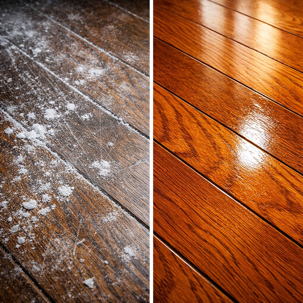 Before and after hardwood floor restoration showing winter salt damage repair