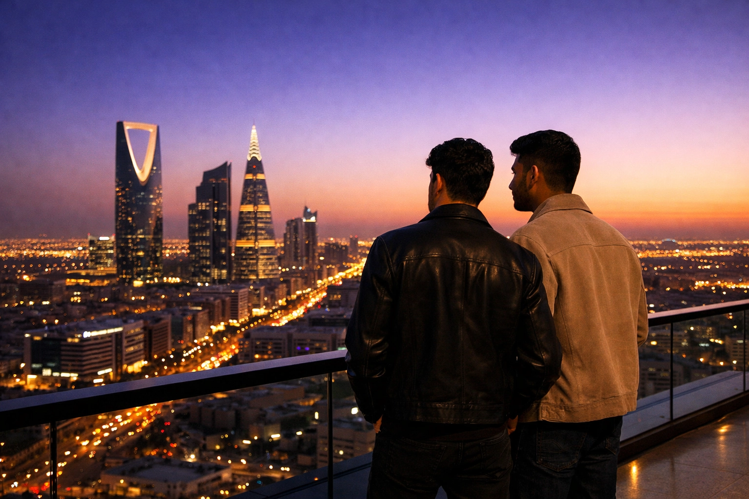 Two Middle Eastern men share a quiet moment on a Riyadh balcony, reflecting the private world of gay life in Saudi Arabia.