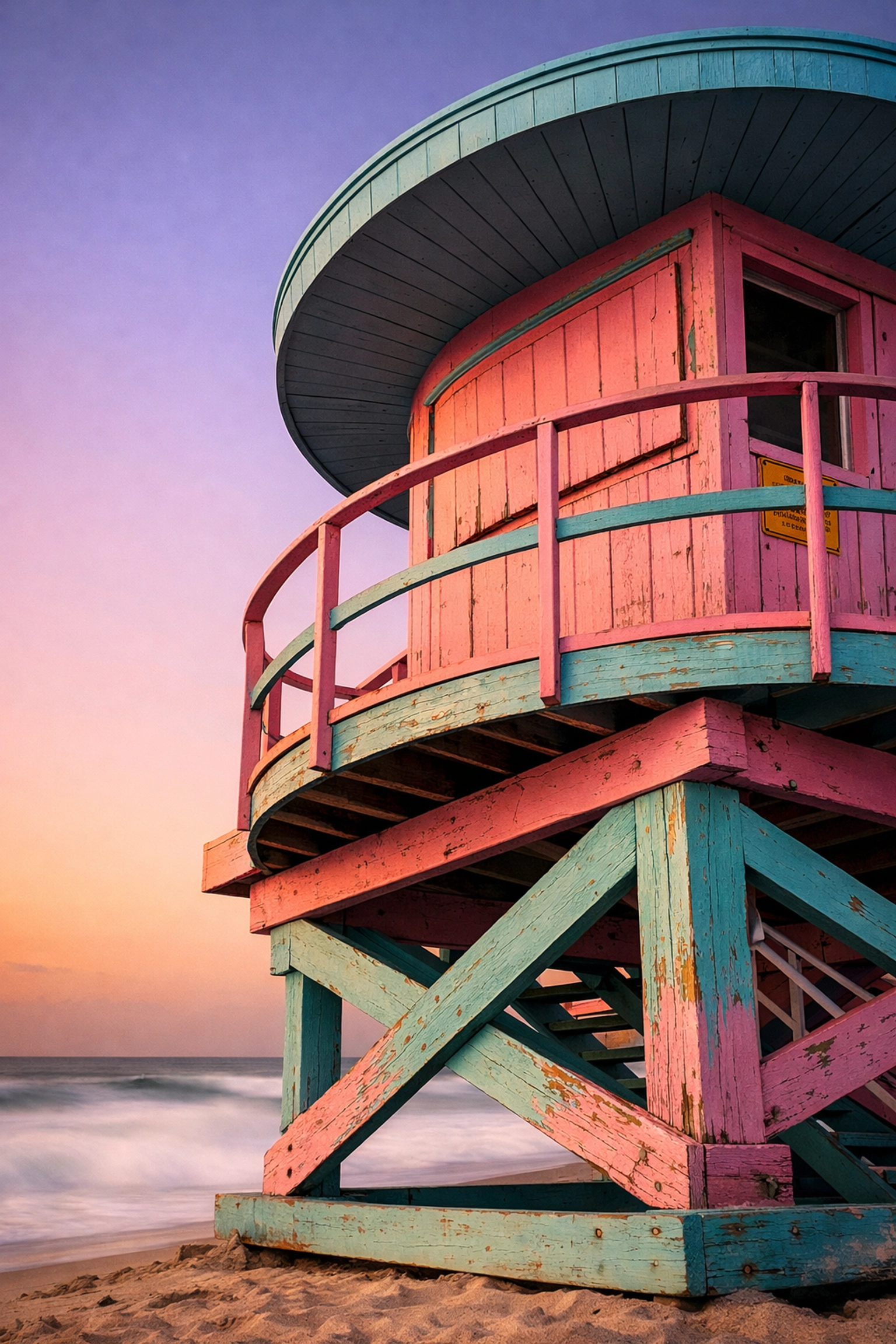 Fine art photography of a pastel Miami Beach lifeguard stand at sunrise with ethereal waves.