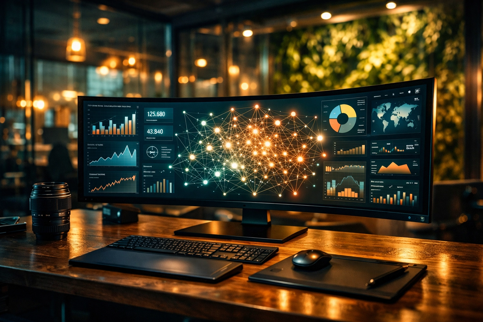 Creative agency workstation with digital marketing dashboard and SEO analytics for zoo branding strategies.