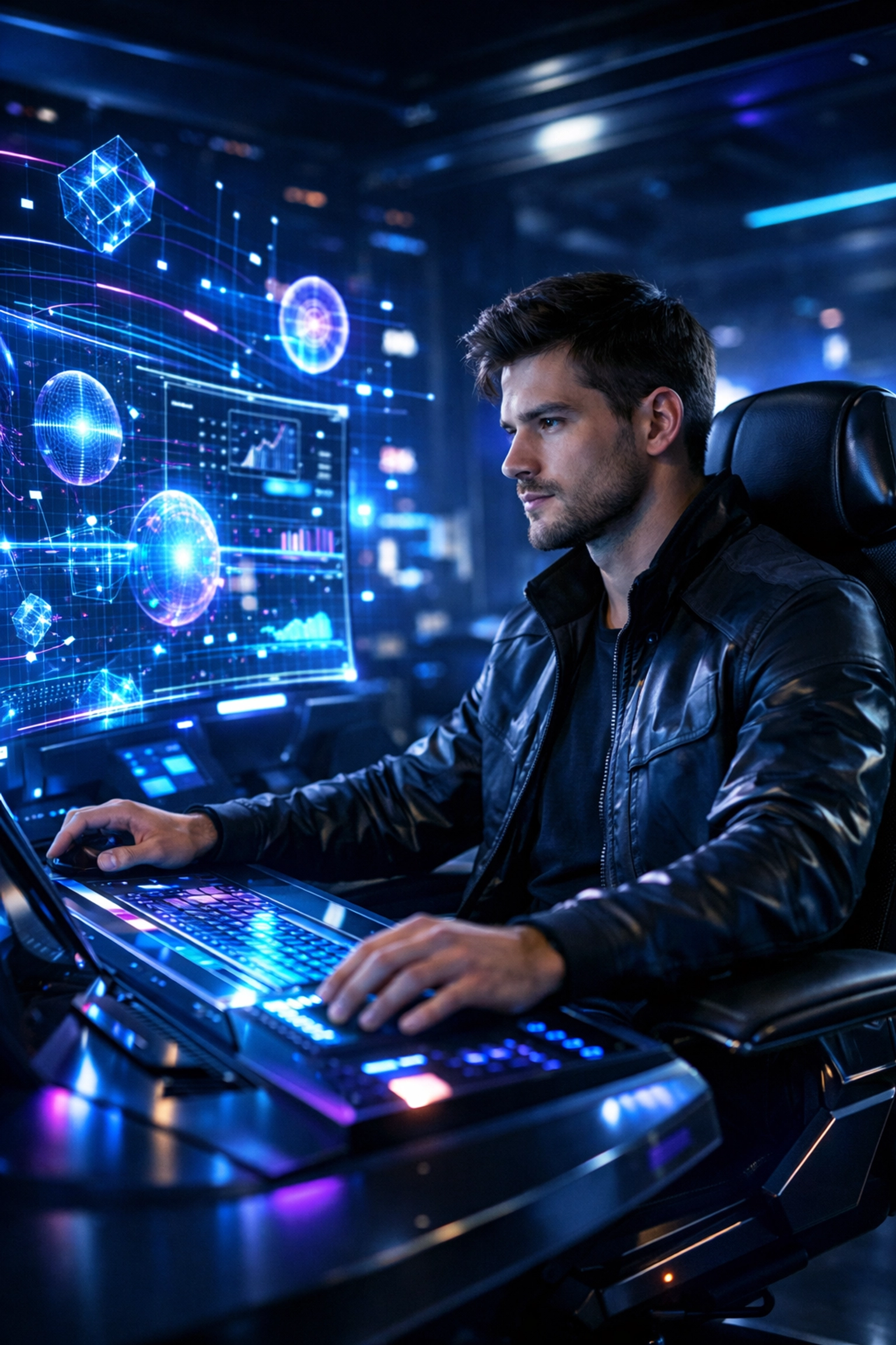 Young professional interacting with AI simulation technology in a futuristic command center for career development.