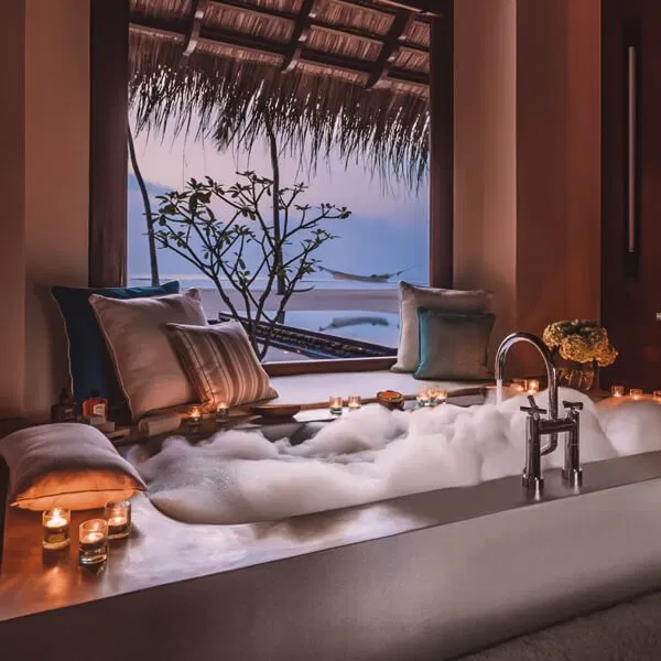 Luxurious villa bathroom with a spacious bubble bath and ocean view.