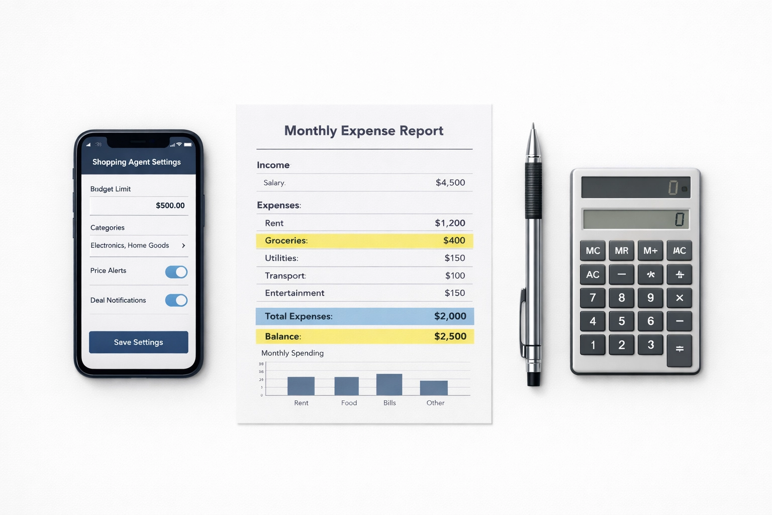 Financial planning tools with AI shopping agent settings and expense tracking controls