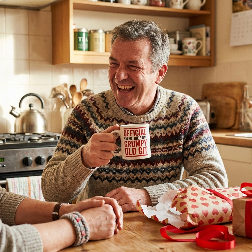 Middle-aged British man laughing while unwrapping a funny Valentine mug gift in a cozy kitchen setting.